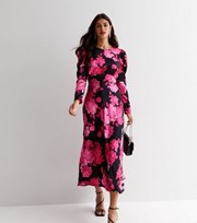 New Look Pink Floral Print Long Sleeve Satin Midi Dress